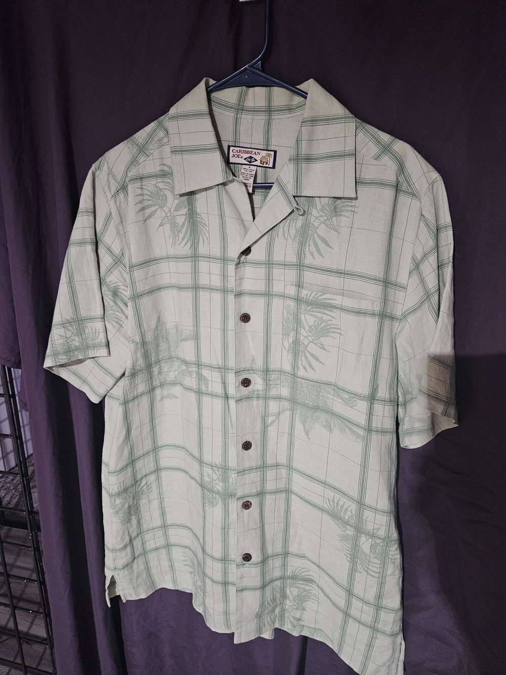 Caribbean Joe Light Green Plaid Palm-Print Short Sleeve Shirt